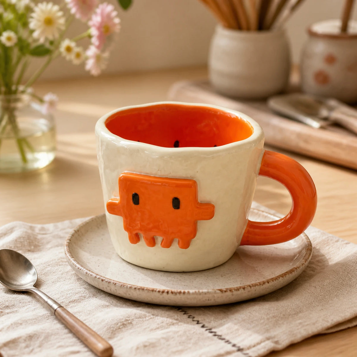 Handgeformter Vibe-Coding-Becher mit orangefarbener Pixel-Figur – Ansicht 3